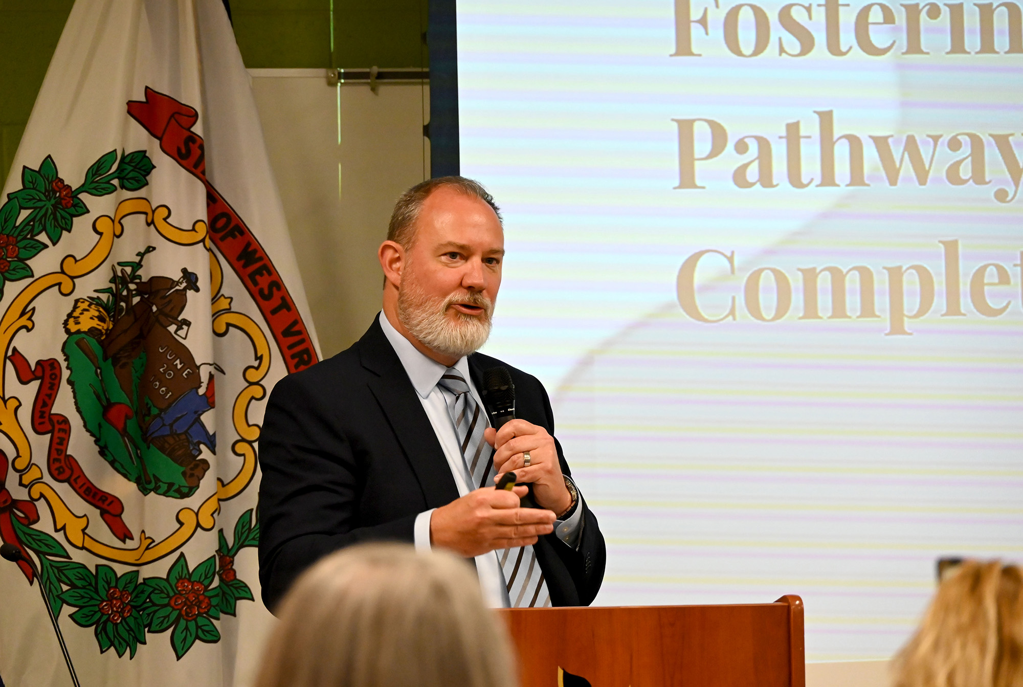David Beighley delivers a campus presentation as a finalist for provost at Pierpont Community & Technical College. In his remarks, Beighley emphasized strengthening pathways to completion, removing barriers for students and aligning academic programs with workforce needs.